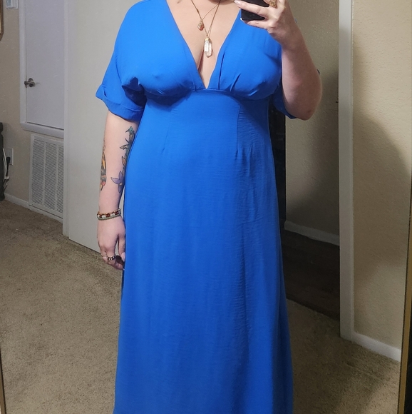 Deep V Neckline Blue Dress - Picture 2 of 5